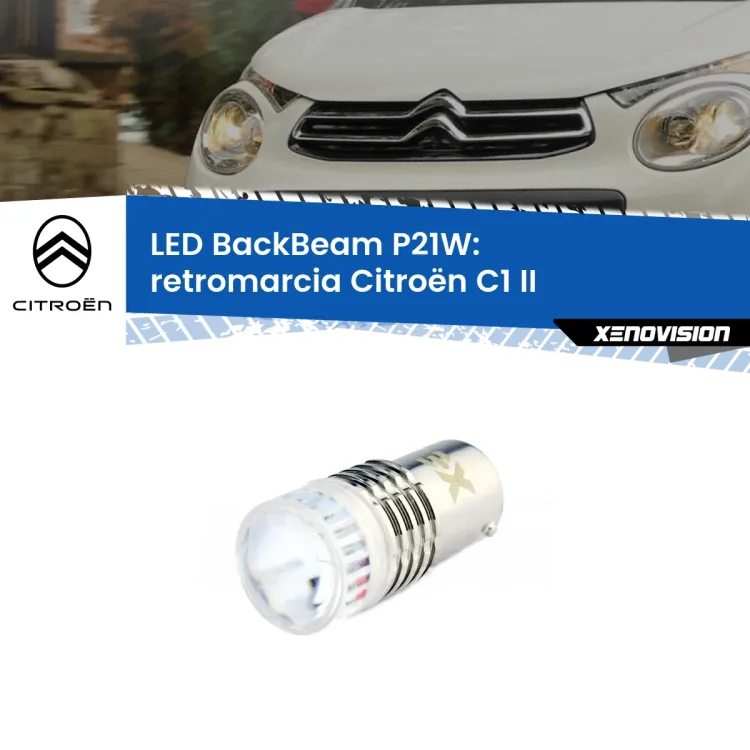 0 Retromarcia LED Citroën C1 II 2014 in poi: P21W BackBeam <strong>Retromarcia LED per Citroën C1</strong> II 2014 in poi. Lampada <strong>P21W</strong> canbus. Illumina a giorno con questo straordinario cannone LED a luminosità estrema.