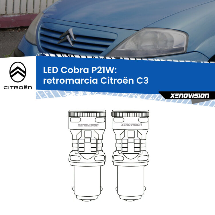 0 Retromarcia LED Citroën C3 2002 - 2009: P21W Cobra <strong>Retromarcia LED no-spie per Citroën C3</strong> 2002 - 2009. Coppia lampade <strong>P21W</strong> modello Cobra super-canbus, raffreddate a ventola.