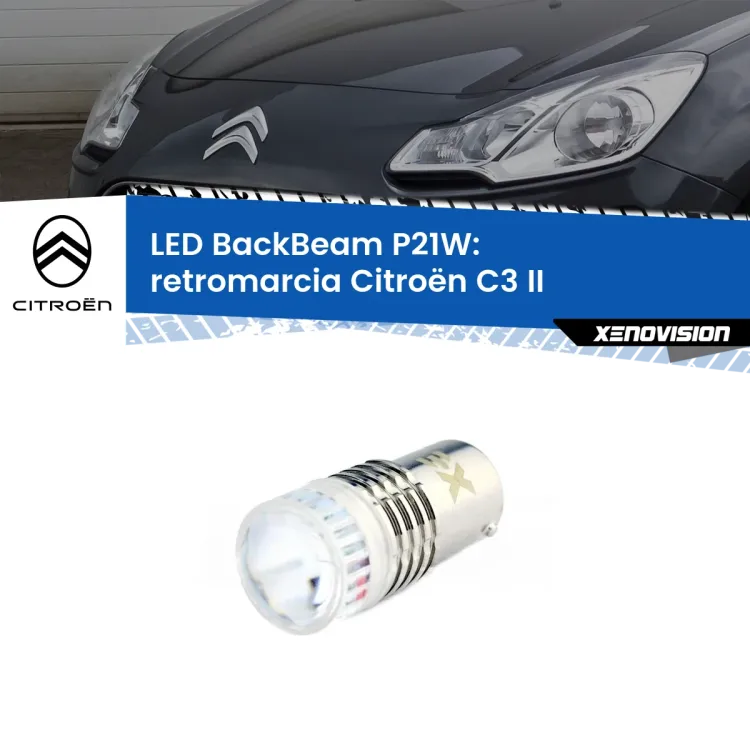 0 Retromarcia LED Citroën C3 II 2009 - 2016: P21W BackBeam <strong>Retromarcia LED per Citroën C3</strong> II 2009 - 2016. Lampada <strong>P21W</strong> canbus. Illumina a giorno con questo straordinario cannone LED a luminosità estrema.