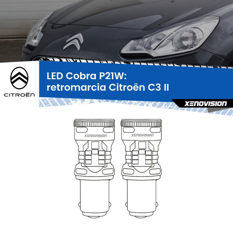 0 Retromarcia LED Citroën C3 II 2009 - 2016: P21W Cobra <strong>Retromarcia LED no-spie per Citroën C3</strong> II 2009 - 2016. Coppia lampade <strong>P21W</strong> modello Cobra super-canbus, raffreddate a ventola.