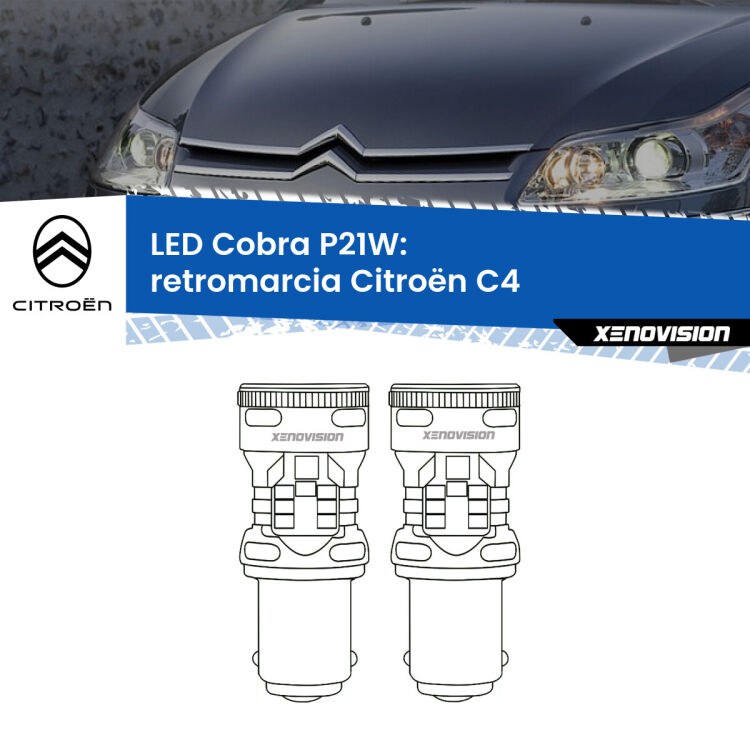 0 Retromarcia LED Citroën C4 2004 - 2011: P21W Cobra <strong>Retromarcia LED no-spie per Citroën C4</strong> 2004 - 2011. Coppia lampade <strong>P21W</strong> modello Cobra super-canbus, raffreddate a ventola.