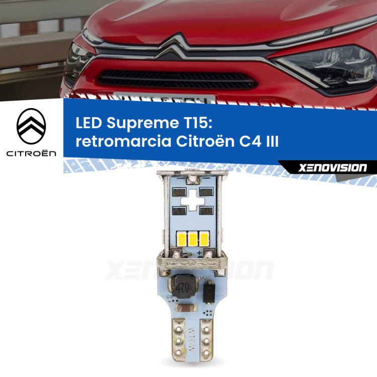 0 Retromarcia LED Citroën C4 III 2020 in poi: T15 Supreme <strong>LED retromarcia per Citroën C4</strong> III 2020 in poi. 15 Chip CREE 3535, sviluppa un'incredibile potenza. Qualità Massima. Oltre 6W reali di pura potenza.