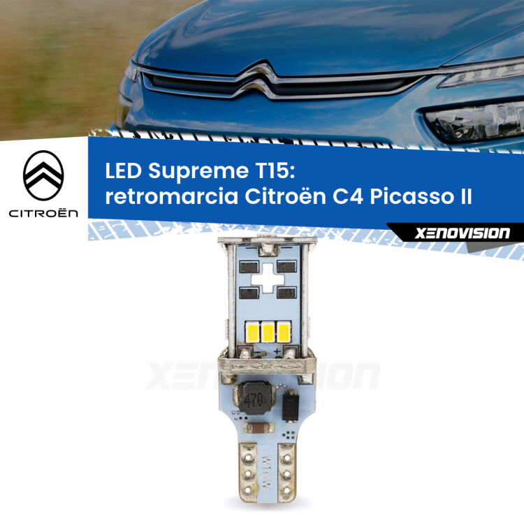 0 Retromarcia LED Citroën C4 Picasso II 2013 in poi: T15 Supreme <strong>LED retromarcia per Citroën C4 Picasso</strong> II 2013 in poi. 15 Chip CREE 3535, sviluppa un'incredibile potenza. Qualità Massima. Oltre 6W reali di pura potenza.