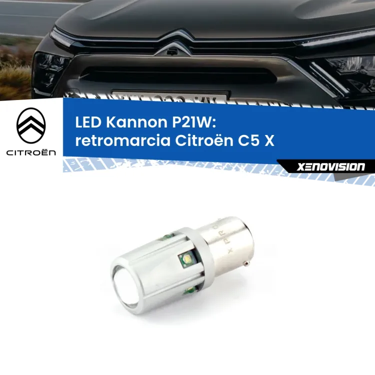 0 Retromarcia LED Citroën C5 X 2021 in poi: P21W Kannon <strong>LED per Retromarcia Citroën C5 X 2021 in poi.</strong>Lampadina P21W con una poderosa illuminazione frontale rafforzata da 5 potenti chip laterali.