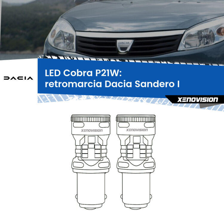 0 Retromarcia LED Dacia Sandero I 2008 - 2012: P21W Cobra <strong>Retromarcia LED no-spie per Dacia Sandero I</strong> 2008 - 2012. Coppia lampade <strong>P21W</strong> modello Cobra super-canbus, raffreddate a ventola.