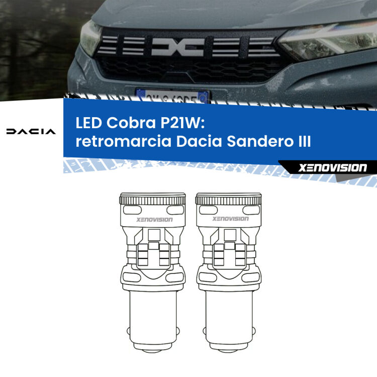 0 Retromarcia LED Dacia Sandero III 2020 in poi: P21W Cobra <strong>Retromarcia LED no-spie per Dacia Sandero III</strong> 2020 in poi. Coppia lampade <strong>P21W</strong> modello Cobra super-canbus, raffreddate a ventola.