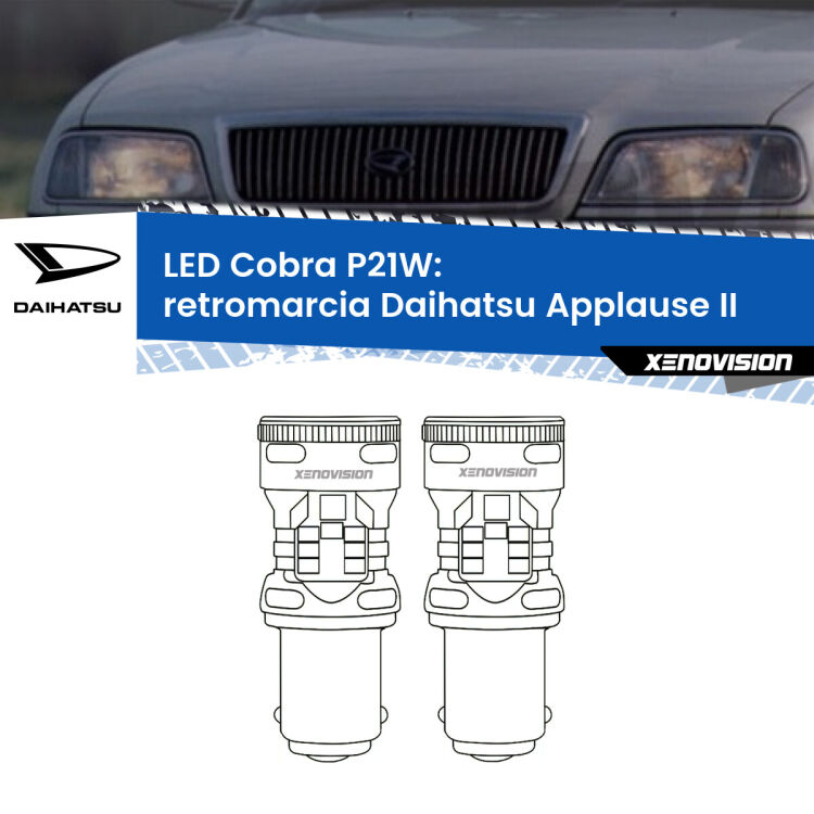 0 Retromarcia LED Daihatsu Applause II 1997 - 2000: P21W Cobra <strong>Retromarcia LED no-spie per Daihatsu Applause</strong> II 1997 - 2000. Coppia lampade <strong>P21W</strong> modello Cobra super-canbus, raffreddate a ventola.
