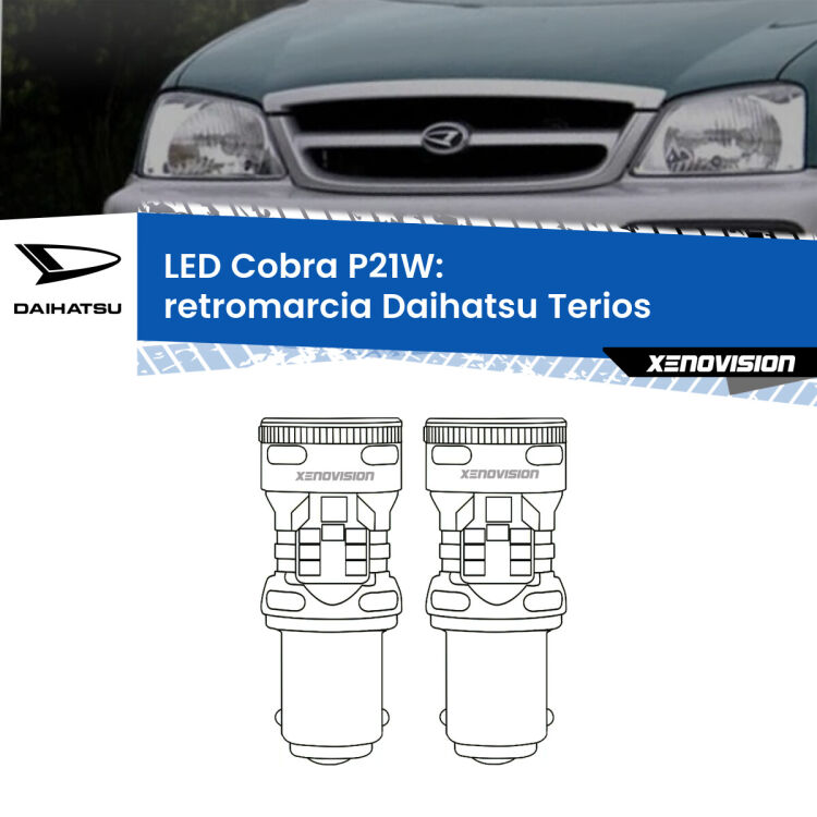 0 Retromarcia LED Daihatsu Terios 1997 - 2005: P21W Cobra <strong>Retromarcia LED no-spie per Daihatsu Terios</strong> 1997 - 2005. Coppia lampade <strong>P21W</strong> modello Cobra super-canbus, raffreddate a ventola.