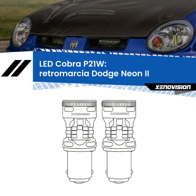 0 Retromarcia LED Dodge Neon II 1999 - 2005: P21W Cobra <strong>Retromarcia LED no-spie per Dodge Neon</strong> II 1999 - 2005. Coppia lampade <strong>P21W</strong> modello Cobra super-canbus, raffreddate a ventola.