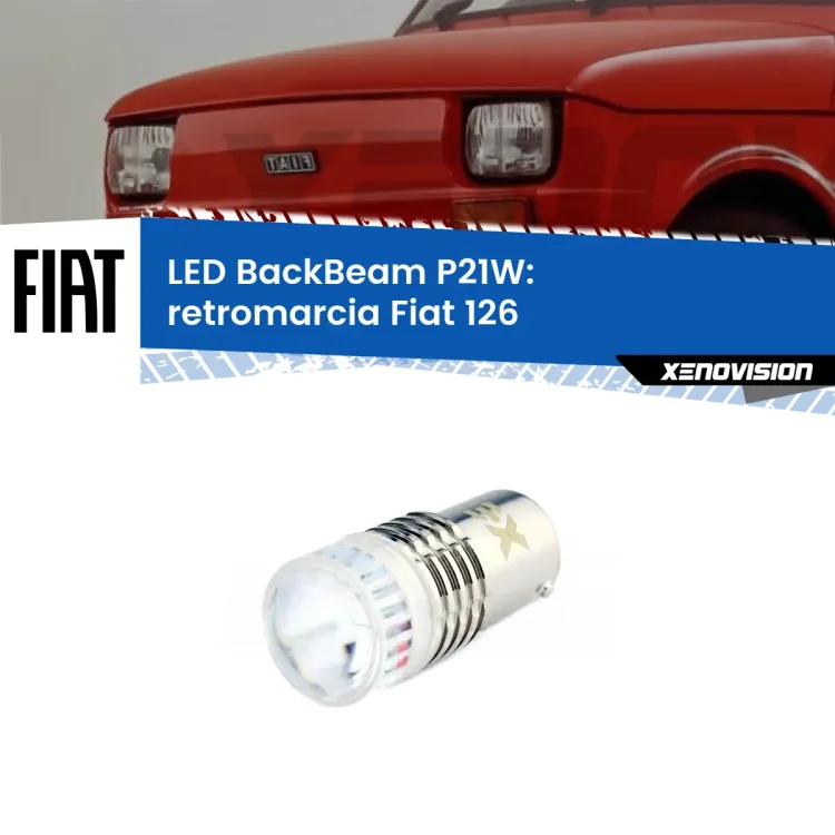 0 Retromarcia LED Fiat 126 1972 - 2000: P21W BackBeam <strong>Retromarcia LED per Fiat 126</strong> 1972 - 2000. Lampada <strong>P21W</strong> canbus. Illumina a giorno con questo straordinario cannone LED a luminosità estrema.
