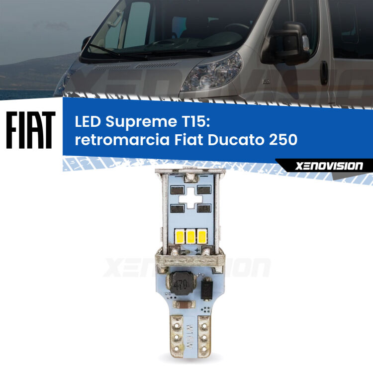 0 Retromarcia LED Fiat Ducato 250 2014 - 2018: T15 Supreme <strong>LED retromarcia per Fiat Ducato</strong> 250 2014 - 2018. 15 Chip CREE 3535, sviluppa un'incredibile potenza. Qualità Massima. Oltre 6W reali di pura potenza.