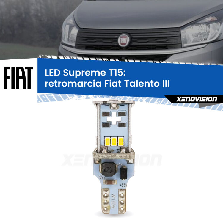 0 Retromarcia LED Fiat Talento III 2016 - 2020: T15 Supreme <strong>LED retromarcia per Fiat Talento</strong> III 2016 - 2020. 15 Chip CREE 3535, sviluppa un'incredibile potenza. Qualità Massima. Oltre 6W reali di pura potenza.