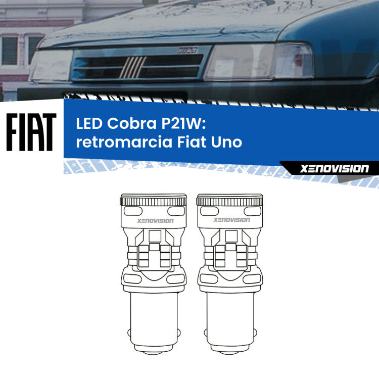 0 Retromarcia LED Fiat Uno 1983 - 1995: P21W Cobra <strong>Retromarcia LED no-spie per Fiat Uno</strong> 1983 - 1995. Coppia lampade <strong>P21W</strong> modello Cobra super-canbus, raffreddate a ventola.