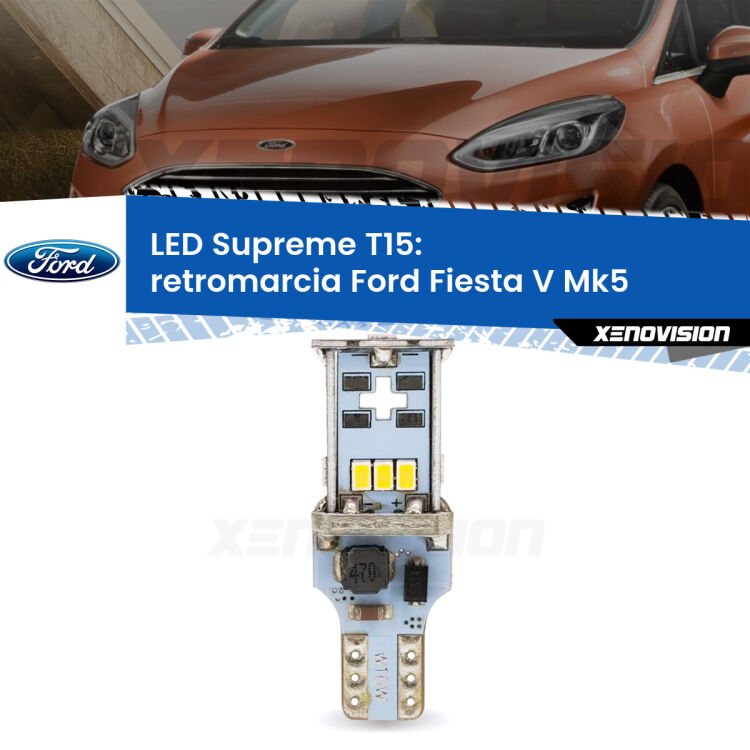 0 Retromarcia LED Ford Fiesta Mk5 2006 - 2008: T15 Supreme <strong>LED retromarcia per Ford Fiesta</strong> Mk5 2006 - 2008. 15 Chip CREE 3535, sviluppa un'incredibile potenza. Qualità Massima. Oltre 6W reali di pura potenza.