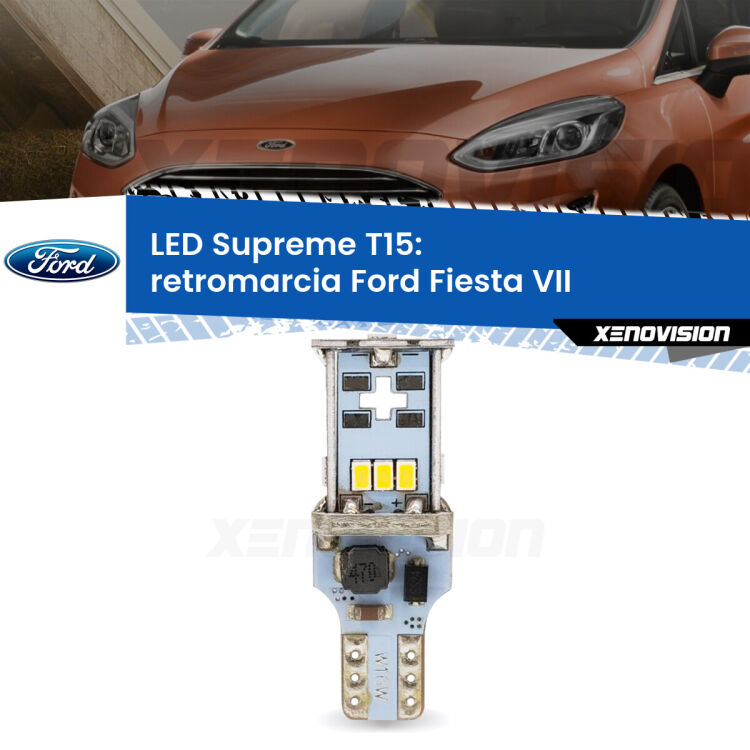 0 Retromarcia LED Ford Fiesta Mk7 2017 - 2020: T15 Supreme <strong>LED retromarcia per Ford Fiesta</strong> Mk7 2017 - 2020. 15 Chip CREE 3535, sviluppa un'incredibile potenza. Qualità Massima. Oltre 6W reali di pura potenza.