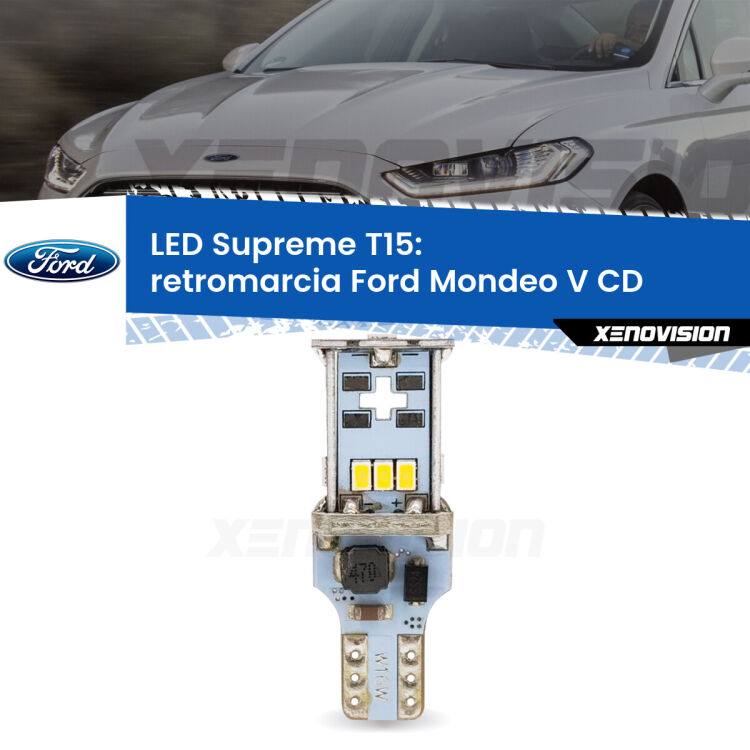 0 Retromarcia LED Ford Mondeo V CD 2012 - 2016: T15 Supreme <strong>LED retromarcia per Ford Mondeo V</strong> CD 2012 - 2016. 15 Chip CREE 3535, sviluppa un'incredibile potenza. Qualità Massima. Oltre 6W reali di pura potenza.