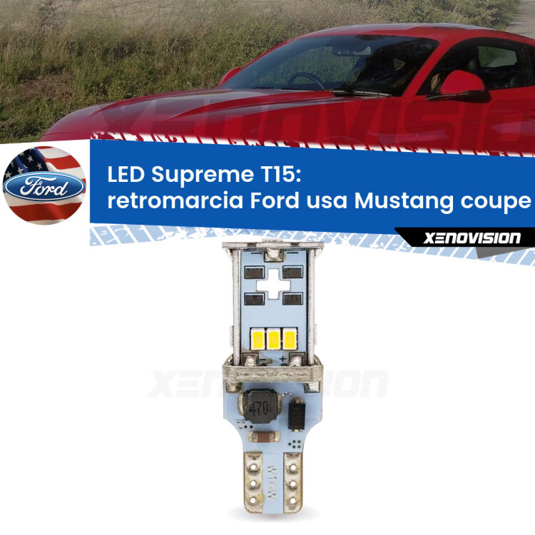0 Retromarcia LED Ford usa Mustang coupe 2014 in poi: T15 Supreme <strong>LED retromarcia per Ford usa Mustang coupe</strong> 2014 in poi. 15 Chip CREE 3535, sviluppa un'incredibile potenza. Qualità Massima. Oltre 6W reali di pura potenza.