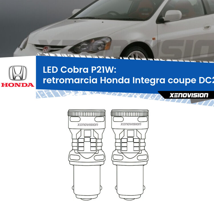 0 Retromarcia LED Honda Integra coupe DC2, DC4 1997 - 2001: P21W Cobra <strong>Retromarcia LED no-spie per Honda Integra coupe</strong> DC2, DC4 1997 - 2001. Coppia lampade <strong>P21W</strong> modello Cobra super-canbus, raffreddate a ventola.