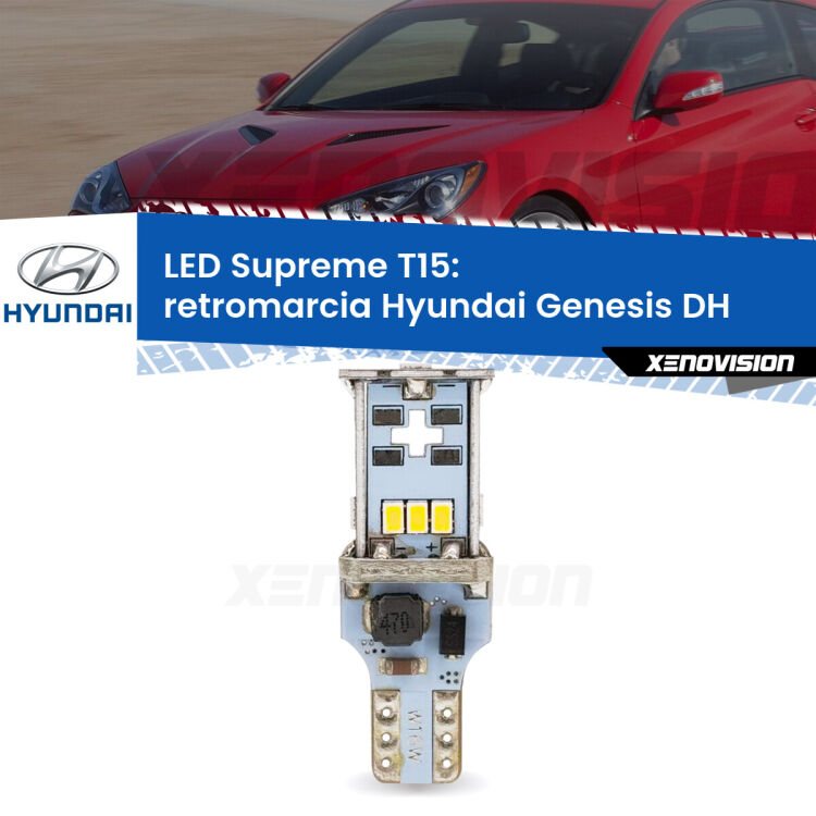 0 Retromarcia LED Hyundai Genesis DH 2014 in poi: T15 Supreme <strong>LED retromarcia per Hyundai Genesis</strong> DH 2014 in poi. 15 Chip CREE 3535, sviluppa un'incredibile potenza. Qualità Massima. Oltre 6W reali di pura potenza.