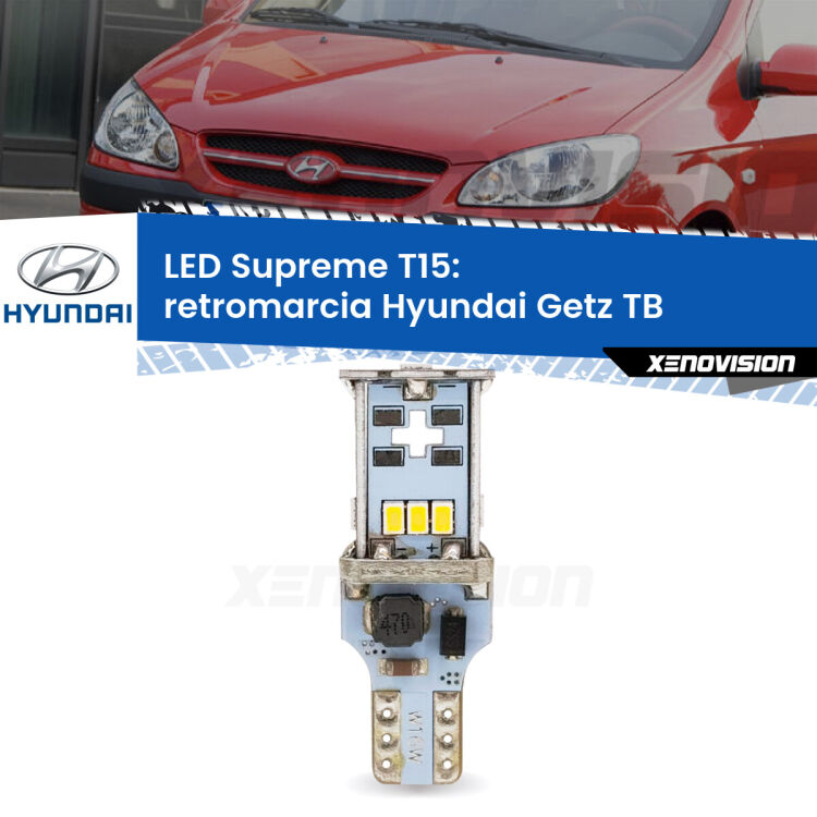 0 Retromarcia LED Hyundai Getz TB 2002 - 2009: T15 Supreme <strong>LED retromarcia per Hyundai Getz</strong> TB 2002 - 2009. 15 Chip CREE 3535, sviluppa un'incredibile potenza. Qualità Massima. Oltre 6W reali di pura potenza.
