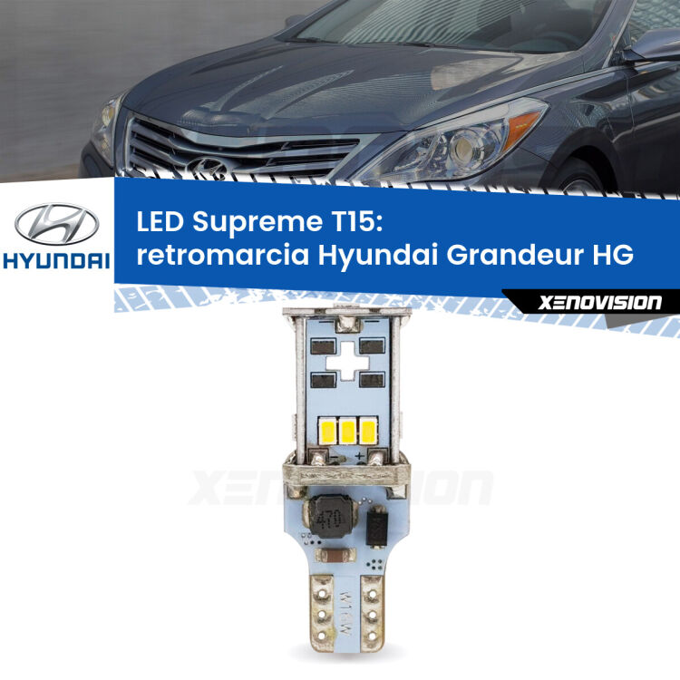 0 Retromarcia LED Hyundai Grandeur HG 2011 - 2016: T15 Supreme <strong>LED retromarcia per Hyundai Grandeur</strong> HG 2011 - 2016. 15 Chip CREE 3535, sviluppa un'incredibile potenza. Qualità Massima. Oltre 6W reali di pura potenza.
