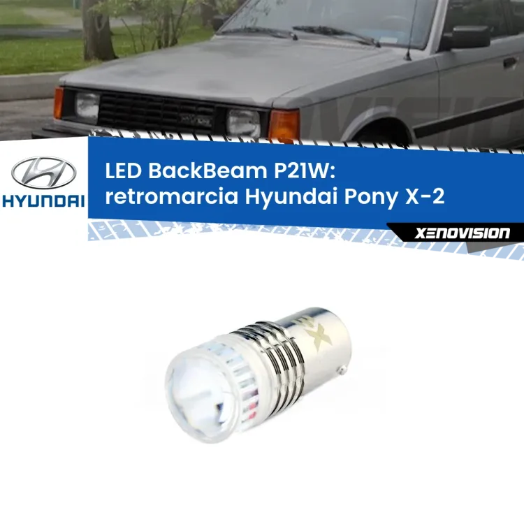 0 Retromarcia LED Hyundai Pony X-2 1989 - 1995: P21W BackBeam <strong>Retromarcia LED per Hyundai Pony</strong> X-2 1989 - 1995. Lampada <strong>P21W</strong> canbus. Illumina a giorno con questo straordinario cannone LED a luminosità estrema.