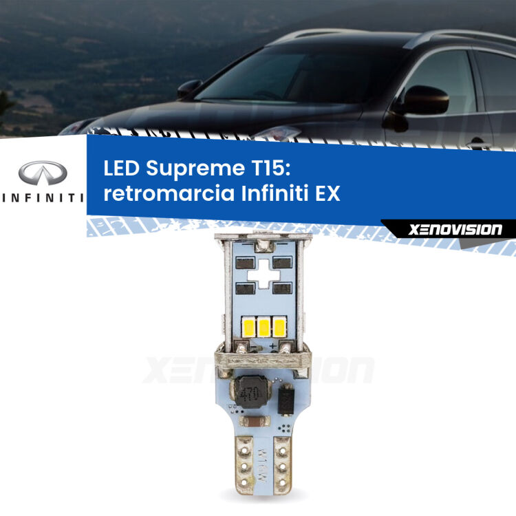 0 Retromarcia LED Infiniti EX  2008 in poi: T15 Supreme <strong>LED retromarcia per Infiniti EX</strong>  2008 in poi. 15 Chip CREE 3535, sviluppa un'incredibile potenza. Qualità Massima. Oltre 6W reali di pura potenza.
