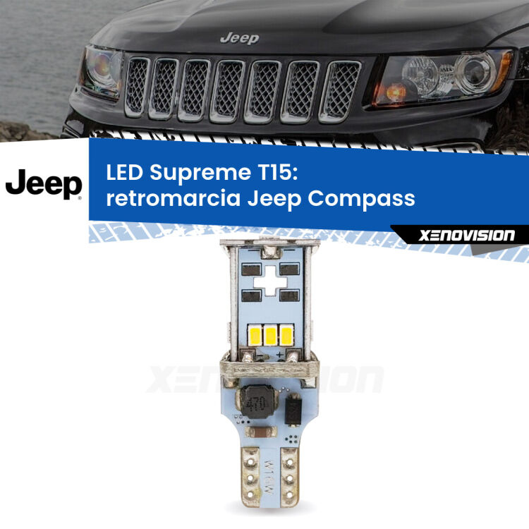 0 Retromarcia LED Jeep Compass 2006 - 2010: T15 Supreme <strong>LED retromarcia per Jeep Compass</strong> 2006 - 2010. 15 Chip CREE 3535, sviluppa un'incredibile potenza. Qualità Massima. Oltre 6W reali di pura potenza.