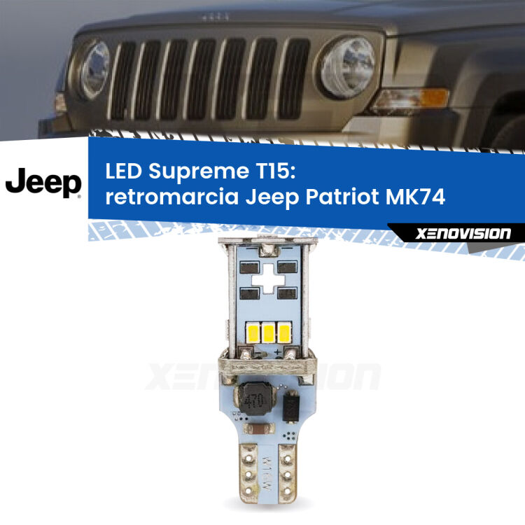 0 Retromarcia LED Jeep Patriot MK74 2007 - 2017: T15 Supreme <strong>LED retromarcia per Jeep Patriot</strong> MK74 2007 - 2017. 15 Chip CREE 3535, sviluppa un'incredibile potenza. Qualità Massima. Oltre 6W reali di pura potenza.