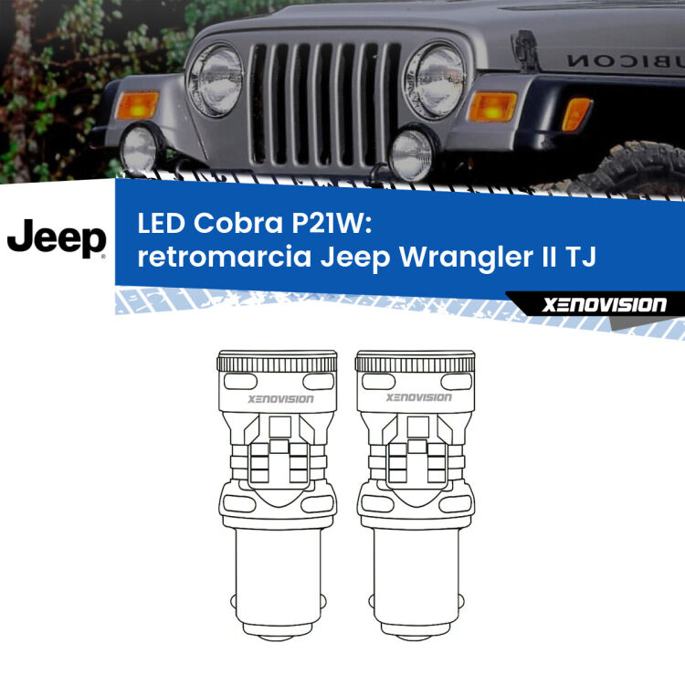 0 Retromarcia LED Jeep Wrangler II TJ 1996 - 2005: P21W Cobra <strong>Retromarcia LED no-spie per Jeep Wrangler II</strong> TJ 1996 - 2005. Coppia lampade <strong>P21W</strong> modello Cobra super-canbus, raffreddate a ventola.