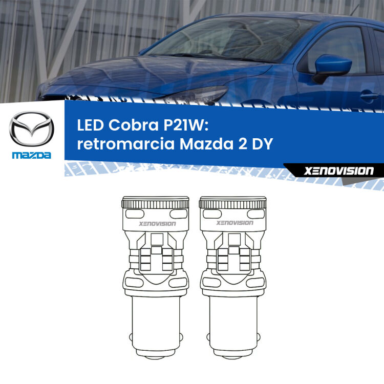 0 Retromarcia LED Mazda 2 DY 2003 - 2007: P21W Cobra <strong>Retromarcia LED no-spie per Mazda 2</strong> DY 2003 - 2007. Coppia lampade <strong>P21W</strong> modello Cobra super-canbus, raffreddate a ventola.