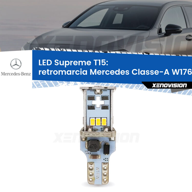 0 Retromarcia LED Mercedes Classe-A W176 2012 - 2016: T15 Supreme <strong>LED retromarcia per Mercedes Classe-A</strong> W176 2012 - 2016. 15 Chip CREE 3535, sviluppa un'incredibile potenza. Qualità Massima. Oltre 6W reali di pura potenza.