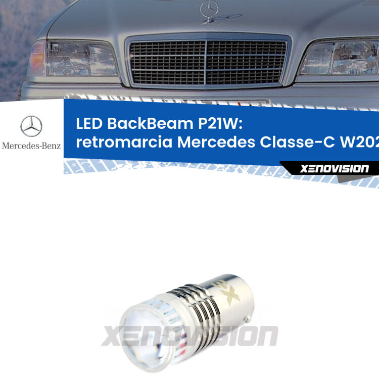 <strong>Retromarcia LED per Mercedes Classe-C</strong> W202 1993 - 2000. Lampada <strong>P21W</strong> canbus. Illumina a giorno con questo straordinario cannone LED a luminosità estrema.