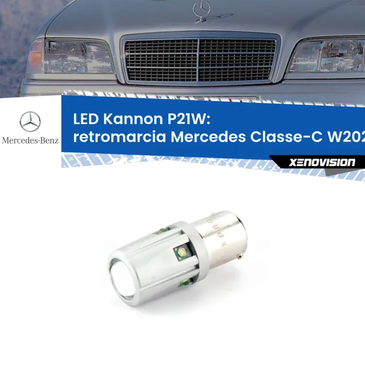 0 Retromarcia LED Mercedes Classe-C W202 1993 - 2000: P21W Kannon <strong>LED per Retromarcia Mercedes Classe-C W202 1993 - 2000.</strong>Lampadina P21W con una poderosa illuminazione frontale rafforzata da 5 potenti chip laterali.