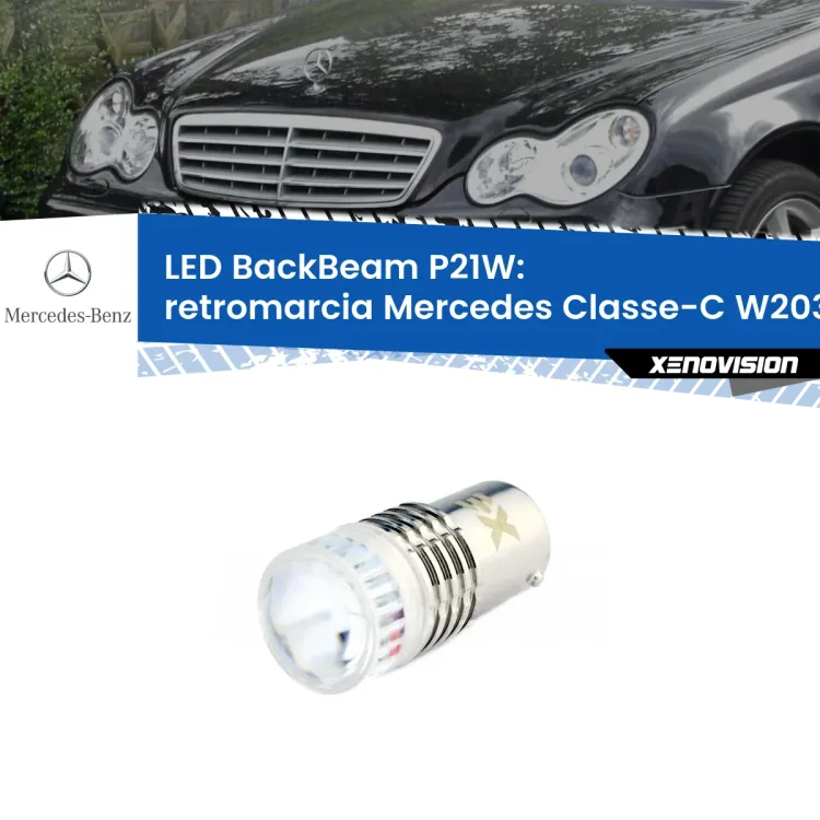 0 Retromarcia LED Mercedes Classe-C W203 2000 - 2007: P21W BackBeam <strong>Retromarcia LED per Mercedes Classe-C</strong> W203 2000 - 2007. Lampada <strong>P21W</strong> canbus. Illumina a giorno con questo straordinario cannone LED a luminosità estrema.