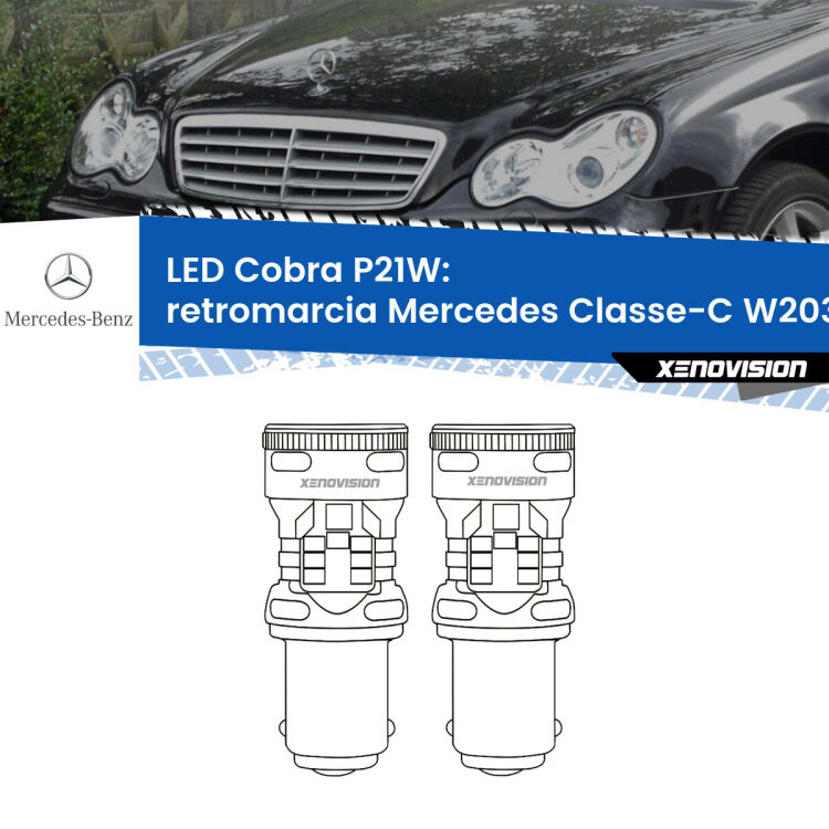 0 Retromarcia LED Mercedes Classe-C W203 2000 - 2007: P21W Cobra <strong>Retromarcia LED no-spie per Mercedes Classe-C</strong> W203 2000 - 2007. Coppia lampade <strong>P21W</strong> modello Cobra super-canbus, raffreddate a ventola.