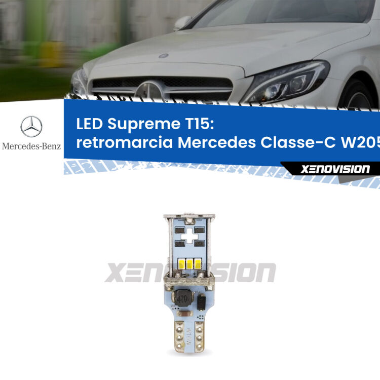 <strong>LED retromarcia per Mercedes Classe-C</strong> W205 2013 - 2018. 15 Chip CREE 3535, sviluppa un'incredibile potenza. Qualità Massima. Oltre 6W reali di pura potenza.