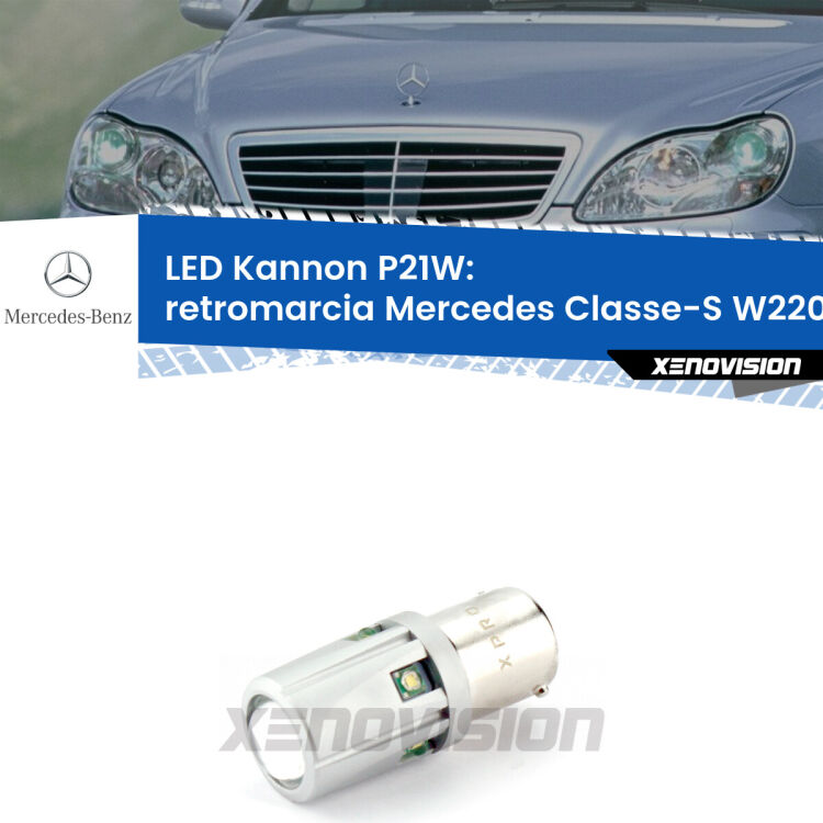 <strong>LED per Retromarcia Mercedes Classe-S W220 1998 - 2005.</strong>Lampadina P21W con una poderosa illuminazione frontale rafforzata da 5 potenti chip laterali.