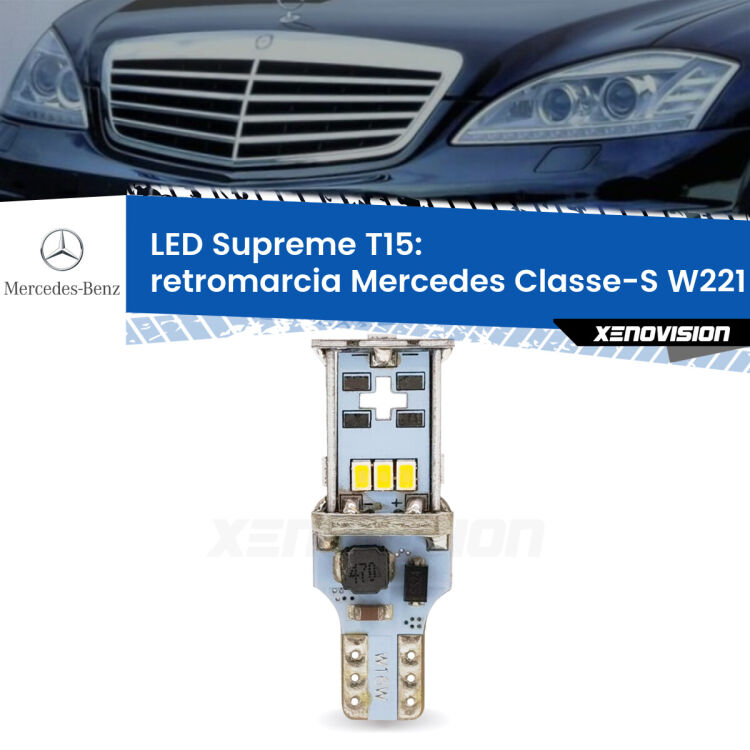 0 Retromarcia LED Mercedes Classe-S W221 2005 - 2013: T15 Supreme <strong>LED retromarcia per Mercedes Classe-S</strong> W221 2005 - 2013. 15 Chip CREE 3535, sviluppa un'incredibile potenza. Qualità Massima. Oltre 6W reali di pura potenza.