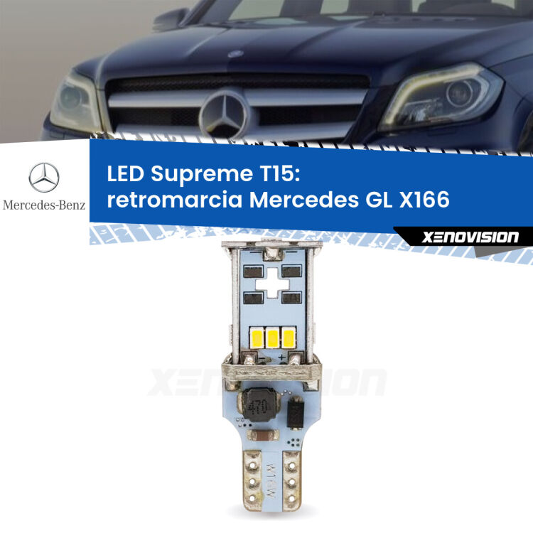 0 Retromarcia LED Mercedes GL X166 2012 - 2015: T15 Supreme <strong>LED retromarcia per Mercedes GL</strong> X166 2012 - 2015. 15 Chip CREE 3535, sviluppa un'incredibile potenza. Qualità Massima. Oltre 6W reali di pura potenza.