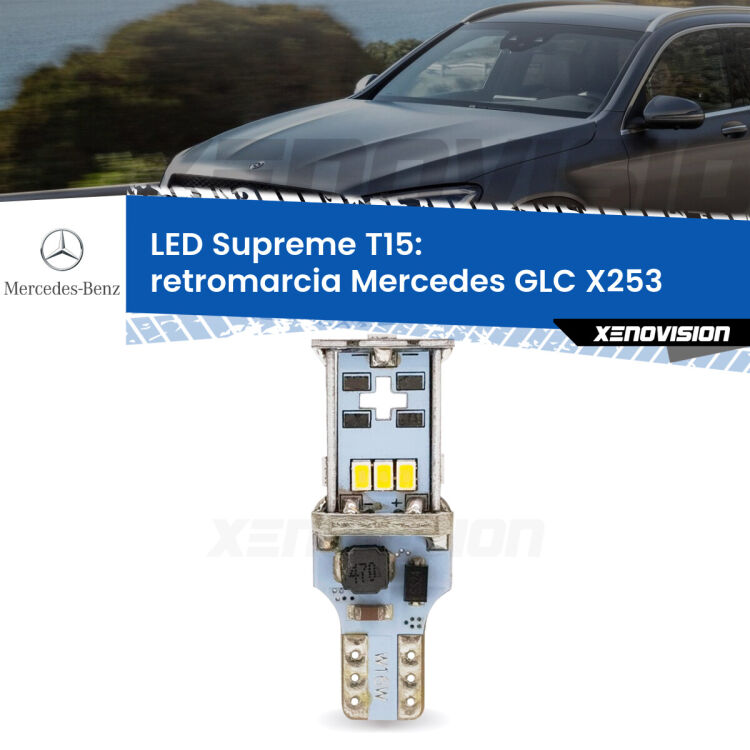 0 Retromarcia LED Mercedes GLC X253 2015 - 2019: T15 Supreme <strong>LED retromarcia per Mercedes GLC</strong> X253 2015 - 2019. 15 Chip CREE 3535, sviluppa un'incredibile potenza. Qualità Massima. Oltre 6W reali di pura potenza.
