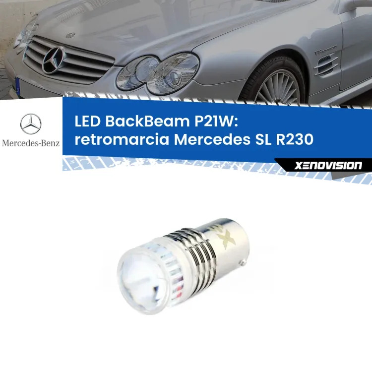 0 Retromarcia LED Mercedes SL R230 2001 - 2012: P21W BackBeam <strong>Retromarcia LED per Mercedes SL</strong> R230 2001 - 2012. Lampada <strong>P21W</strong> canbus. Illumina a giorno con questo straordinario cannone LED a luminosità estrema.