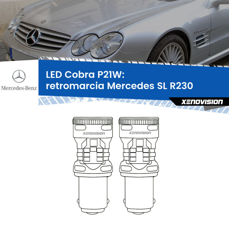 0 Retromarcia LED Mercedes SL R230 2001 - 2012: P21W Cobra <strong>Retromarcia LED no-spie per Mercedes SL</strong> R230 2001 - 2012. Coppia lampade <strong>P21W</strong> modello Cobra super-canbus, raffreddate a ventola.