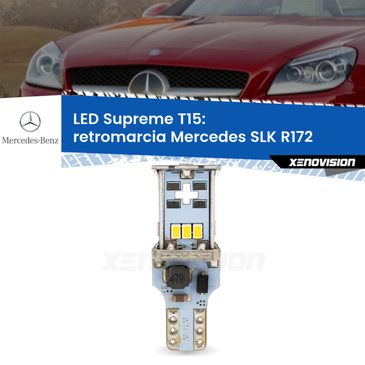 0 Retromarcia LED Mercedes SLK R172 2011 in poi: T15 Supreme <strong>LED retromarcia per Mercedes SLK</strong> R172 2011 in poi. 15 Chip CREE 3535, sviluppa un'incredibile potenza. Qualità Massima. Oltre 6W reali di pura potenza.