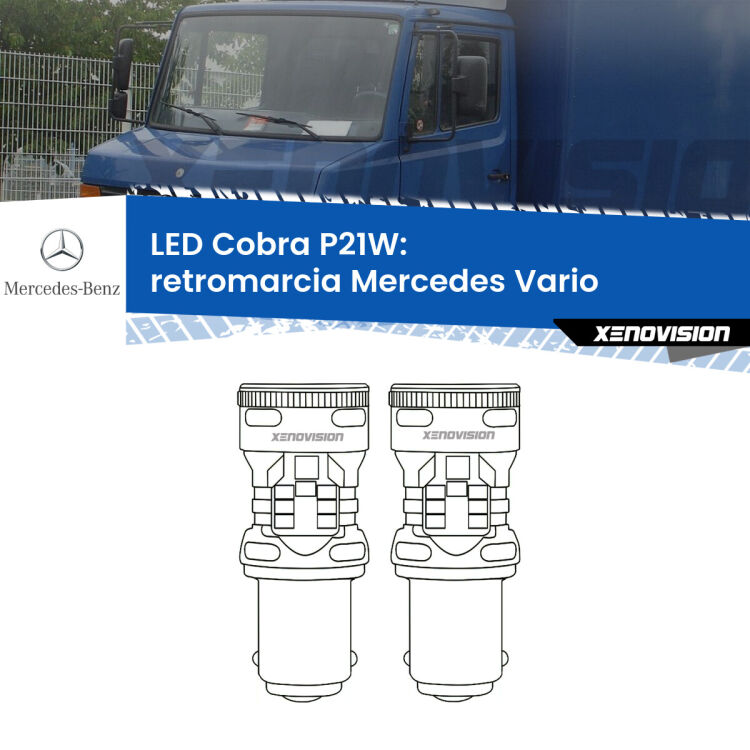 0 Retromarcia LED Mercedes Vario  1996 - 2013: P21W Cobra <strong>Retromarcia LED no-spie per Mercedes Vario</strong>  1996 - 2013. Coppia lampade <strong>P21W</strong> modello Cobra super-canbus, raffreddate a ventola.