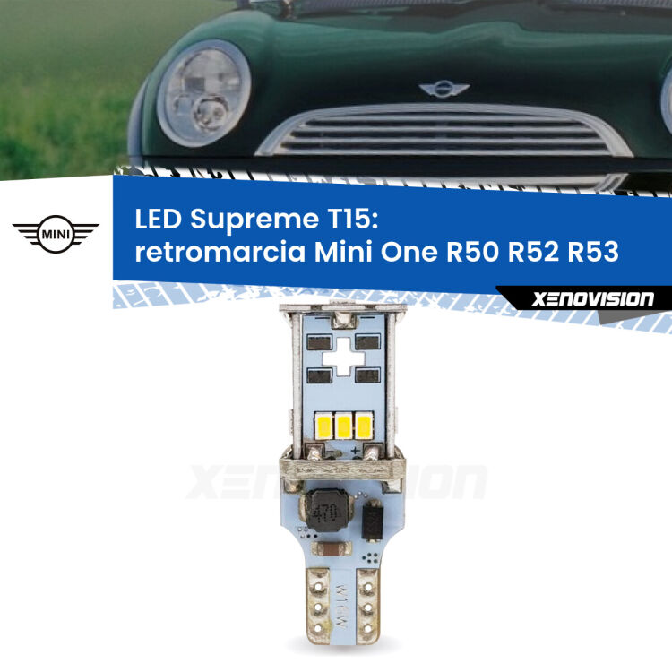 0 Retromarcia LED Mini One R50 R52 R53 2004 - 2006: T15 Supreme <strong>LED retromarcia per Mini One</strong> R50 R52 R53 2004 - 2006. 15 Chip CREE 3535, sviluppa un'incredibile potenza. Qualità Massima. Oltre 6W reali di pura potenza.