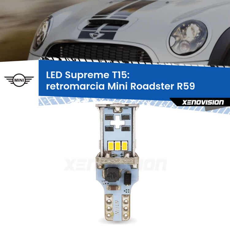 0 Retromarcia LED Mini Roadster R59 2012 - 2010: T15 Supreme <strong>LED retromarcia per Mini Roadster</strong> R59 2012 - 2010. 15 Chip CREE 3535, sviluppa un'incredibile potenza. Qualità Massima. Oltre 6W reali di pura potenza.