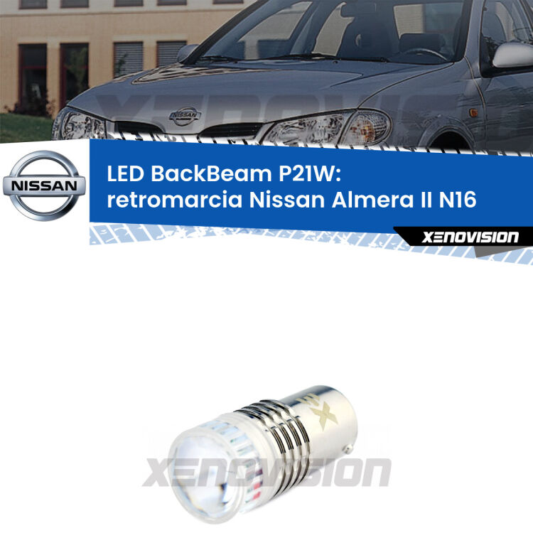 <strong>Retromarcia LED per Nissan Almera II</strong> N16 2000 - 2006. Lampada <strong>P21W</strong> canbus. Illumina a giorno con questo straordinario cannone LED a luminosità estrema.