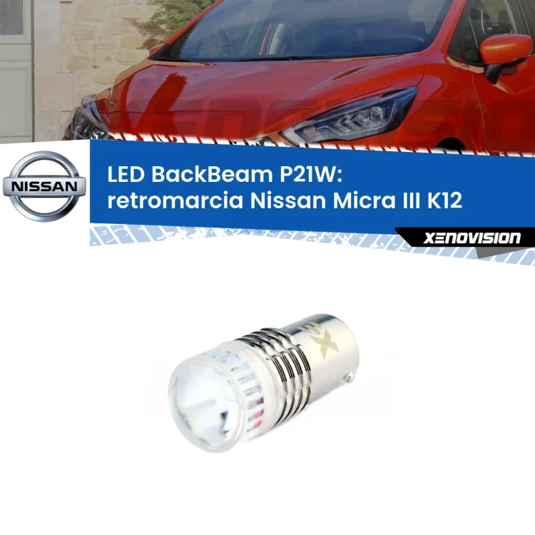 0 Retromarcia LED Nissan Micra III K12 2002 - 2010: P21W BackBeam <strong>Retromarcia LED per Nissan Micra III</strong> K12 2002 - 2010. Lampada <strong>P21W</strong> canbus. Illumina a giorno con questo straordinario cannone LED a luminosità estrema.
