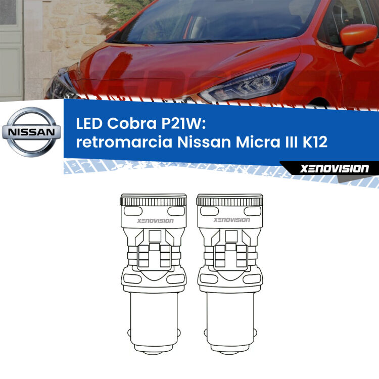 0 Retromarcia LED Nissan Micra III K12 2002 - 2010: P21W Cobra <strong>Retromarcia LED no-spie per Nissan Micra III</strong> K12 2002 - 2010. Coppia lampade <strong>P21W</strong> modello Cobra super-canbus, raffreddate a ventola.